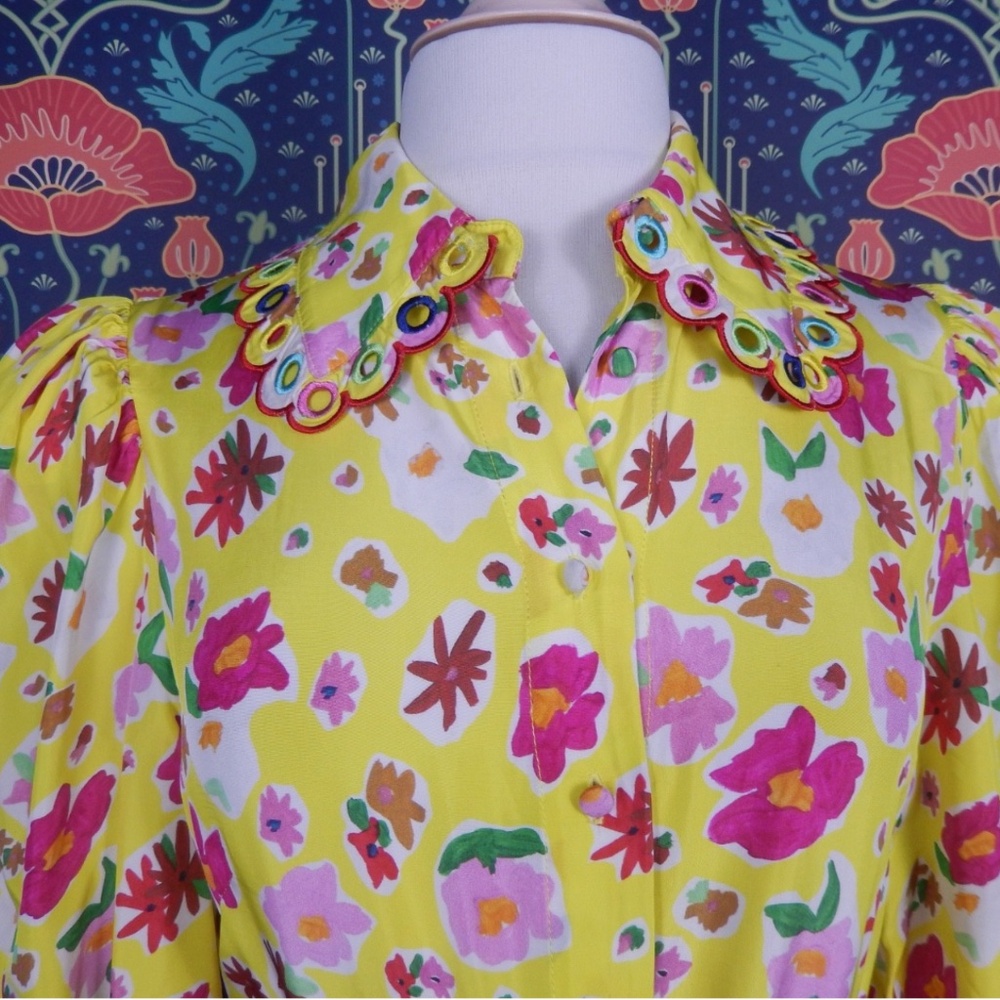 Celia B. Fluorite Yellow Floral Shirt Dress Collared S - Picture 3 of 8